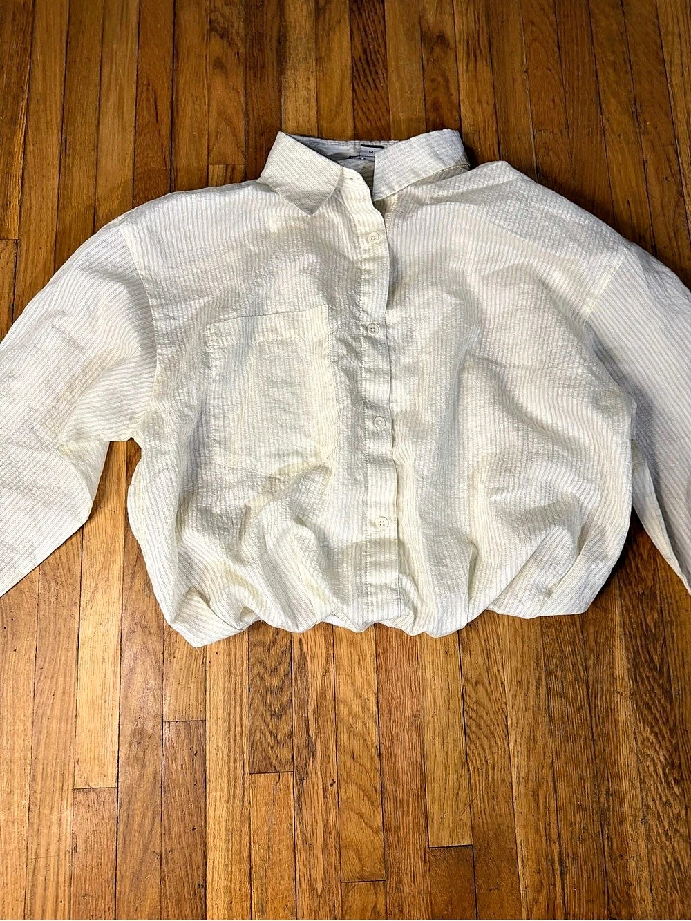 Urban Revivo Striped Crop Button Down Blouse in White Size 6